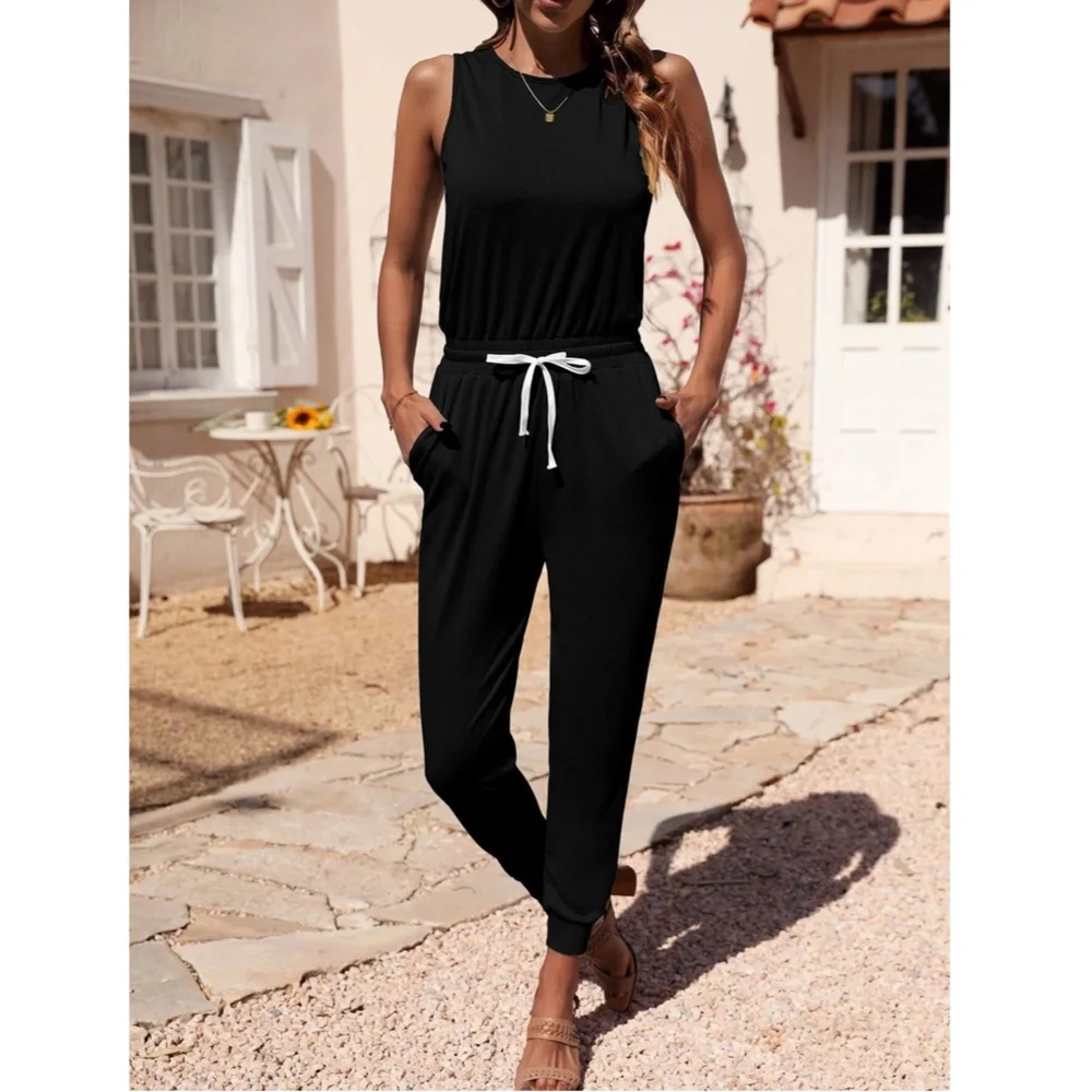 Left Shoulder Cut Out Black Jumpsuit Casual White Contrast Drawstring, Pockets - Picture 3 of 9